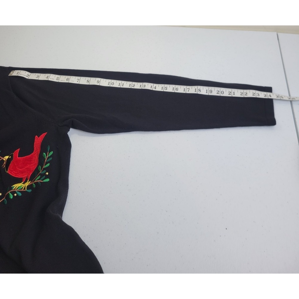 Vtg Classic Elements Cardigan Sweater Bird Embroidered Holiday Xmas Black Large - Picture 8 of 11